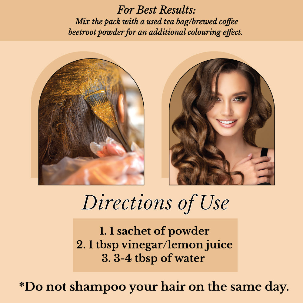 Hair Bloom Natural Brunette Hair Color- Herbal Henna & Indigo Mix Hair Color Powder- 12 individual sachets (10 gm each)- Reusable Brush & Tray Included